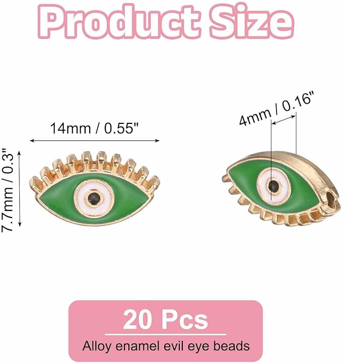 MECCANIXITY 20 Pcs Eye Shaped Evil Eye Beads Colorful Flat Loose Spacer Evil Eye Charms for DIY Bracelet Earrings Necklace Crafts Jewelry Making, Green