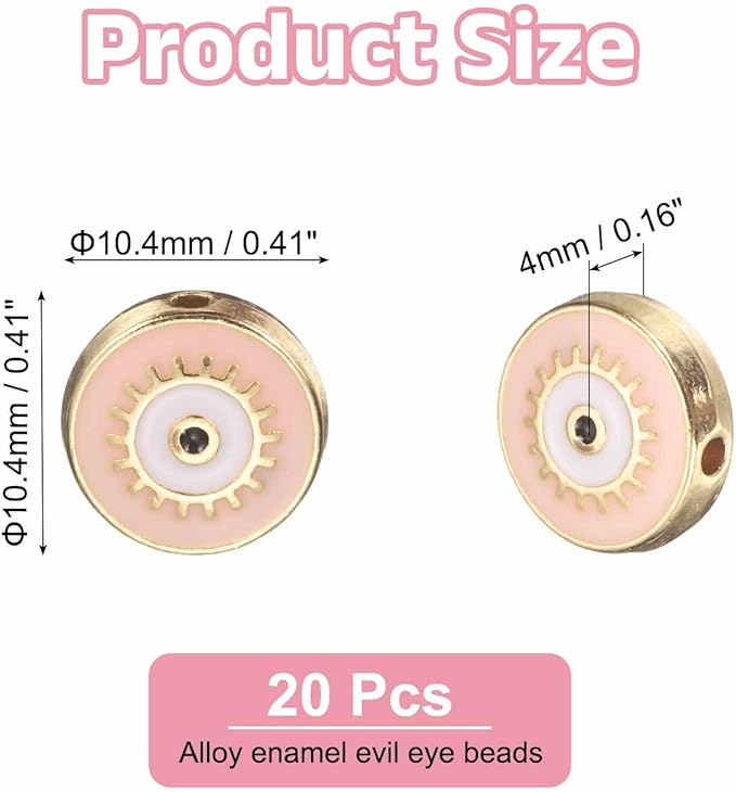 MECCANIXITY 20 Pcs Flat Round Evil Eye Beads Colorful Flat Loose Spacer Evil Eye Charms for DIY Bracelet Earrings Necklace Crafts Jewelry Making, Pink