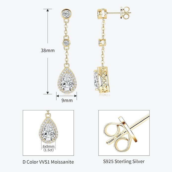 Pear Moissanite Drop Stud Earrings, 3.0cttw D Color 6x9mm Pear Cut Moissanite, 925 Sterling Silver Drop Earrings for Women Birthday Jewelry Gifts