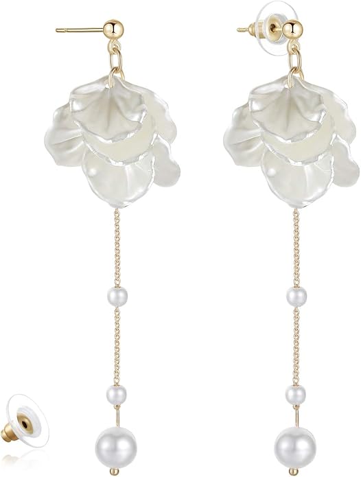 Kruckel Pearl Flower Long Drop Dangling Earrings - Cute Sparkly Golden Stud Lightweight Women Jewelry, White Petal Dangles, Easy - Wear Fashion Design Accessory with Durable Jewelry Box