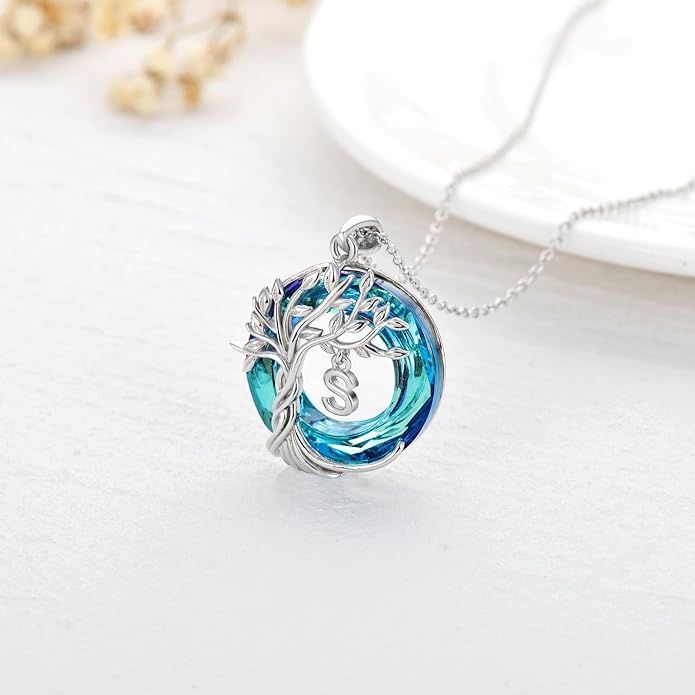 TOUPOP Gifts for Women Tree of Life Necklace 925 Sterling Silver Initial Pendant Family Tree Crystal Jewelry Valentine's Day Birthday Gifts for Her Mom Wife Girlfriend Daughter