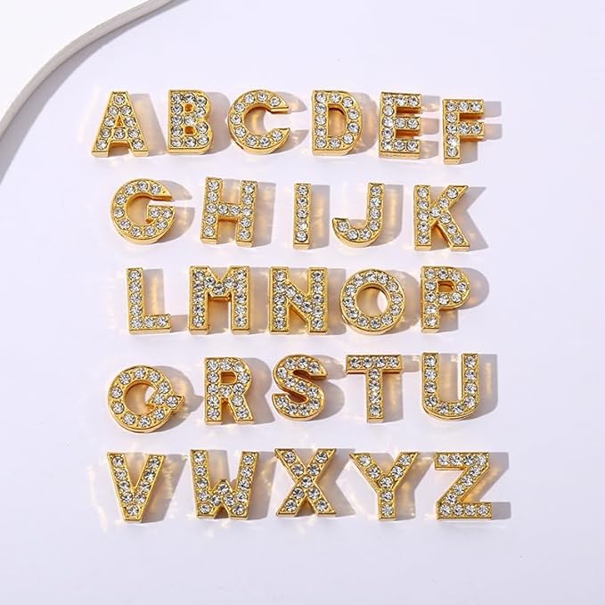 52 PCS A-Z Full Rhinestones Charms 8MM Slide Alphabet Crystal Letters for DIY Slide Wristbands Bracelets,Hair Clips,Jewelry Making Charms（52 PCS Gold 8mm）