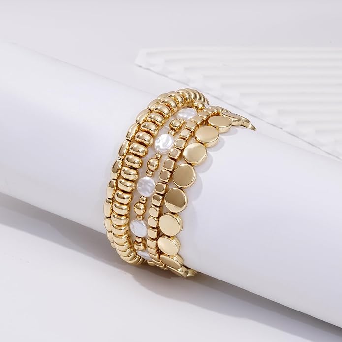 Gold Plated Beaded Bracelets for Women Trendy, 14K Gold Plated Stack Cross Pearl Gold Plated Bead Stretch Bracelets Set Elastic Hypoallergenic Bracelets Jewelry Gifts