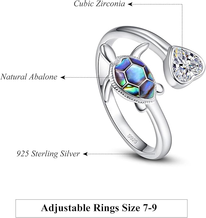 KINGWHYTE Sea Turtle Rings for Women 925 Sterling Silver Ring Adjustable Abalone Shell Open Ring with Heart Zircon Turtle Jewelry Birthday Christmas Gifts
