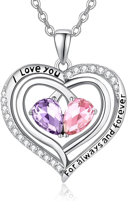 Valentine's Day Gifts for Wife 925 Sterling Silver Double Birthstone Pendant Necklaces I Love You for Always and Forever Necklace Anniversary Birthday Gifts for Wife Girlfriend Mom Her