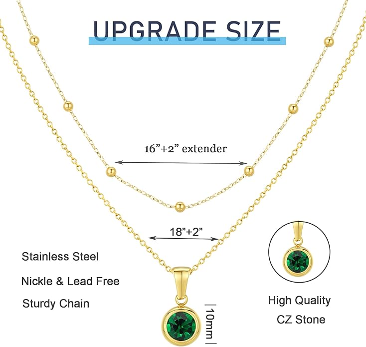 14K Gold-Plated Women's Double-Layer Birthstone Necklace Delicate Round Birthstone Pendant with a Simple Necklace, a Birthday Gift for Women Teenage Girls