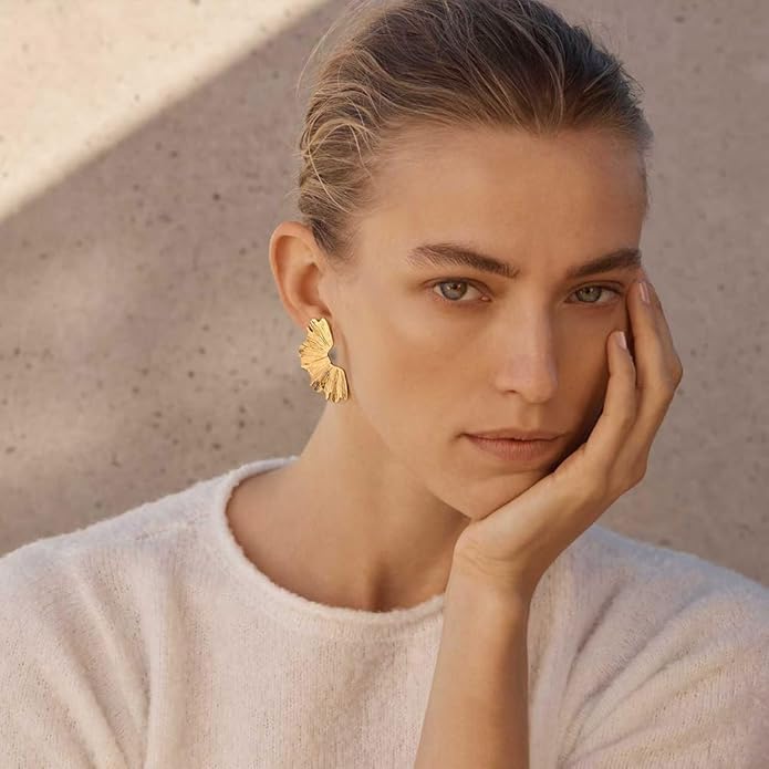 Chunky Gold Statement Earrings For Women Gold Plated Sectored Flower Leaf Shell Angel Wing Earrings Trendy Boho Jewelry For Women Large Stud Earrings Hypoallergenic Earrings