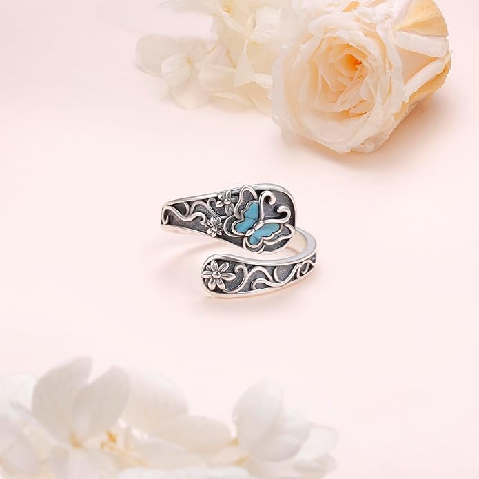 Hamsa Hand of Fatima Lotus Evil Eye/Love Heart/Butterfly/Rose Spoon Adjustable Open Rings 925 Sterling Silver Statement Ring Jewelry Gifts for Women