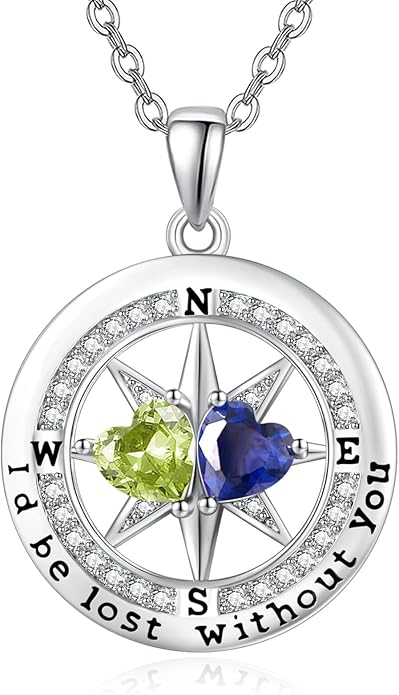 Compass Necklace for Women, Exquisite S925 Valentines Day Anniversary Birthday Gifts for Wife Her Double Birthstone Pendant Jewelry ‘I'd be Lost Without You’