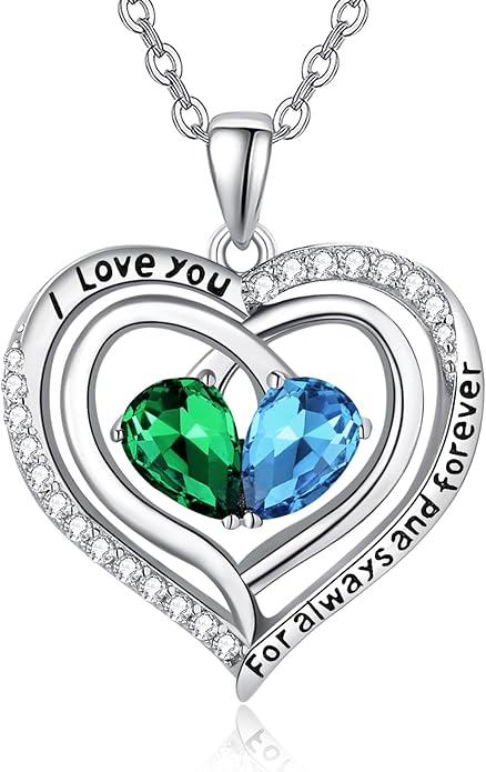 Valentine's Day Gifts for Wife 925 Sterling Silver Double Birthstone Pendant Necklaces I Love You for Always and Forever Necklace Anniversary Birthday Gifts for Wife Girlfriend Mom Her
