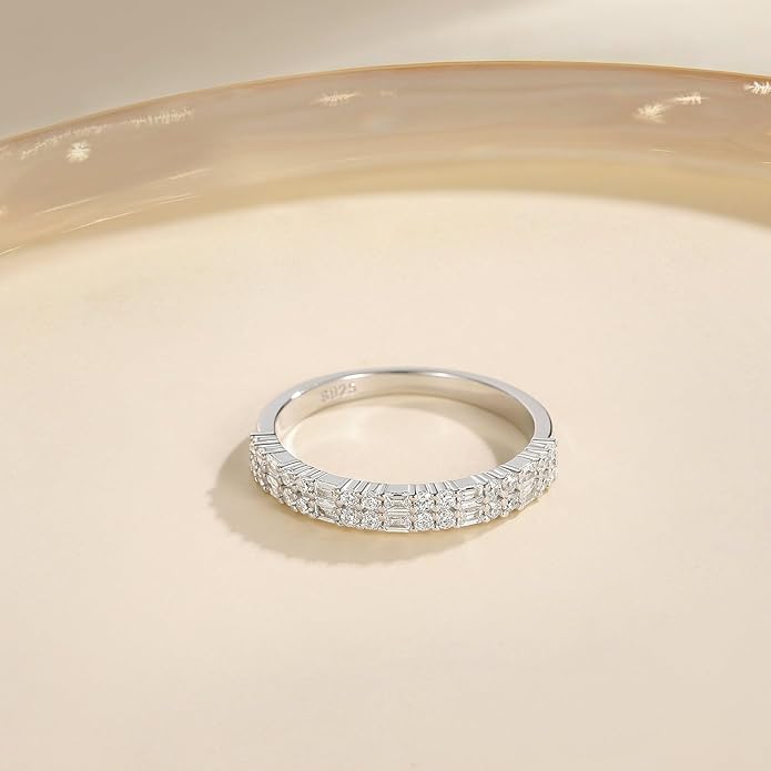 EAMTI 925 Sterling Silver Wedding Bands for Women Baguette Round Cubic Zirconia Stackable Promise Rings for Her Size 4-10