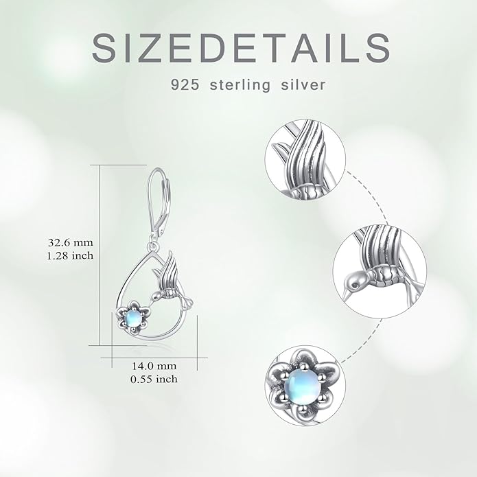 Hummingbird with Moonstone Dangle Earrings 925 Sterling Silver Hummingbird Leverback Earrings for Women