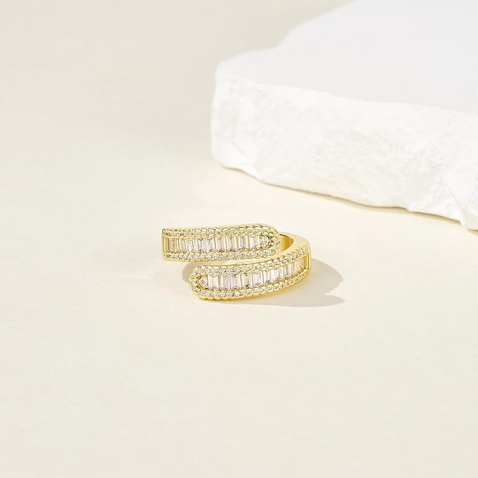 KissYan Gold Rings for Women, 14K Gold Plated Adjustable Statement Irregular Geometric Diamond Twisted Open Stackable Band Chunky Finger Rings Dainty Cubic Zirconia Jewelry Gifts