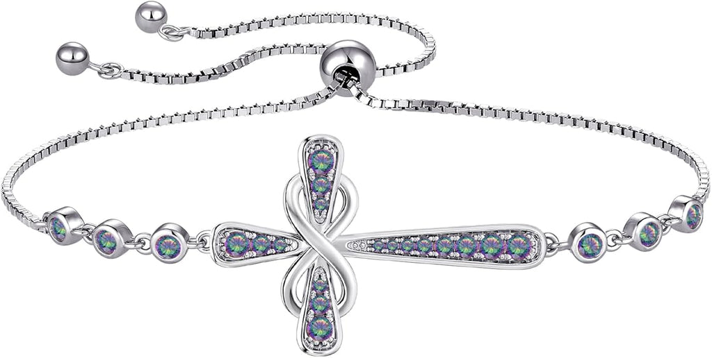 YL Cross Bracelet 925 Sterling Silver Infinity Sideways Link Bracelet Birthstone Jewelry for Women