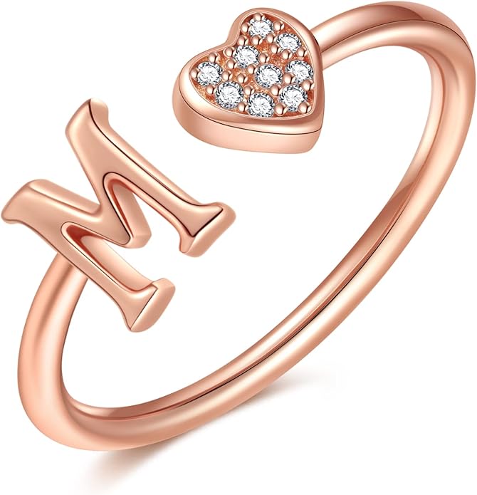 Valentines Day Gift Initial Rings for Teen Girls - S925 Heart Sterling Silver Rings for Teen Girls | 14K Gold/Rose Gold/Sterling Silver Plated Ring for Girls Kids Women Ring for Teenager Girls Gifts Adjustable, No Tarnish, Hypoallergenic