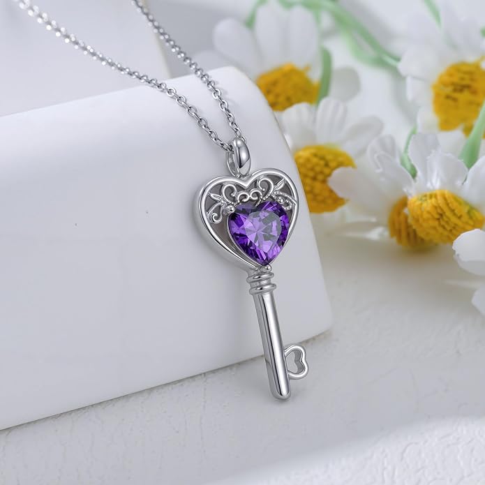 WSX Heart Key Birthstone Necklace for Women 925 Sterling Silver Love Key Pendant with Birthstone Valentine's Day Anniversary Jewelry Gift for Her