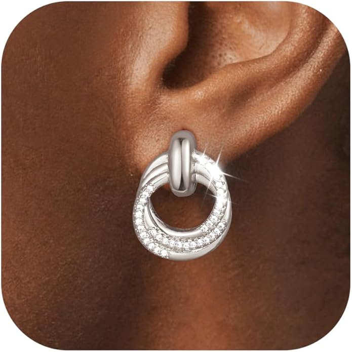 14K Gold Plated Chunky Clip On Earrings for Women 14k Gold Knot Link Clip Earrings Silver Rhinestone Hoop Clip On Earrings Jewelry for Women