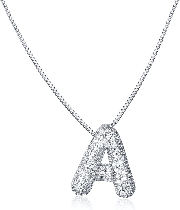 SKQIR Diamond Initial Letter Necklace for Women Bubble Gold Plated Puffy Balloon Alphabet Crystal Zircon Pendant Name Necklace Dainty Charms Trendy Jewelry Gift for Women