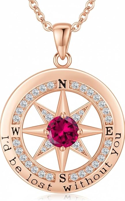 Compass Necklace for Women Wife Girlfriend Mom Daughter Gifts S925 Sterling Silver Jewelry For Anniversary Rose Gold Gifts For Birthday Christmas Mothers Valentines Day 12 Birthstones
