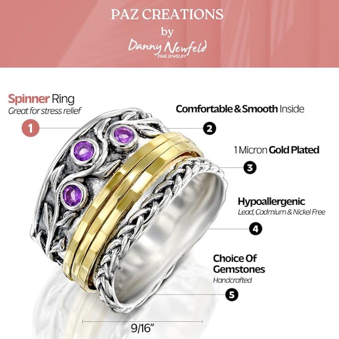 Paz Creations 925 Sterling Silver Spinner Rings for Women With Natural Gemstones - Hammered Pattern Thick Band - Handcrafted Artisan Jewelry - Fidget Rings - Gift For Her