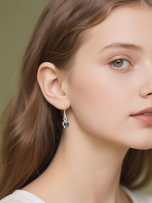 Tahitian Black Pearl Earrings Gifts for Women Wife Celtic Dangle Drop Earrings Wedding Birthday Anniversary Jewelry Valentines Christmas Day Gifts 925 Sterling Silver