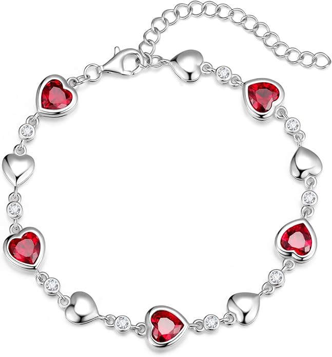 Carleen Birthstone Bracelets for Women 925 Sterling Silver Five Heart Station Created Gemstone Tennis Bracelet Jewelry Anniversary Birthday for Wife, 7"+1.2" Extender