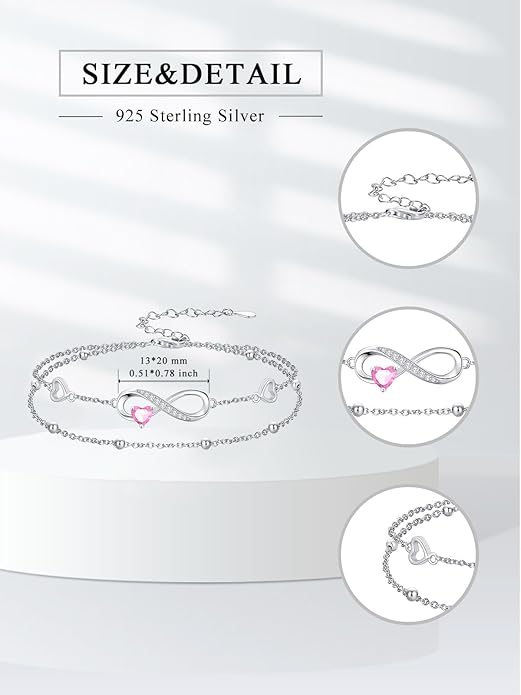 Dorunmo Infinity Heart Anklet Bracelet for Women 925 Sterling Silver Adjustable Infinity Birthstone Bracelet Friendship Jewelry Gifts for Women Birthday Christmas