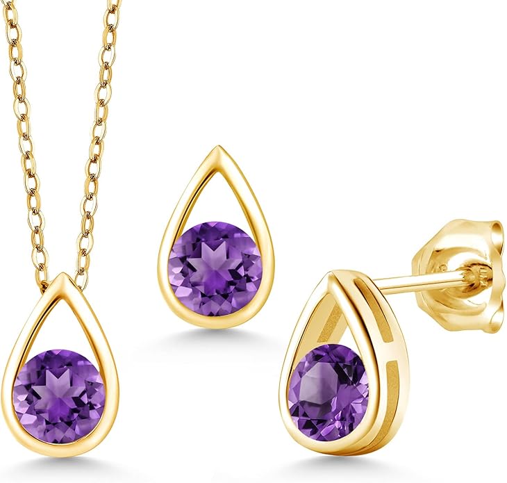 Gem Stone King 18K Yellow Gold Plated Silver 5MM Round Gemstone Birthstone Teardrop Pendant Earrings Set | Jewelry Set for Women | With 18 Inch Chain
