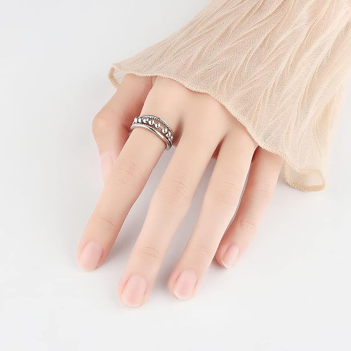 Vito 925 Sterling Silver Fidget Anxiety Ring for Women, Adjustable Open Spinner Ring Stress Relief Ring Stacking Band Anillos Jewelry Gift for Mom Daughter