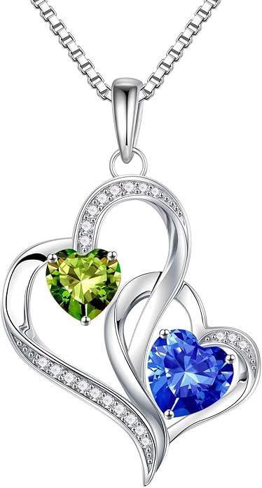 Iefil Valentines Day Gifts for Her - 925 Sterling Silver Double Birthstone Necklace, Heart Necklaces for Women, Anniversary Birthday Gifts, Personalized Jewelry Gift for Wife Mom Girlfriend