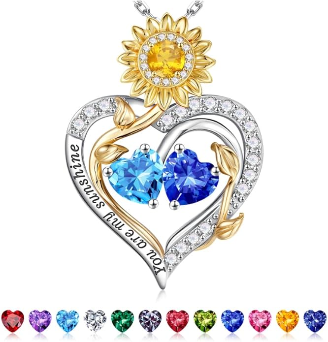 Iefil Valentines Day Gifts for Her - 925 Sterling Silver Sunflower Double Birthstone Necklace for Women, Anniversary Birthday Gifts for Wife, You Are My Sunshine Necklaces, Jewelry for Wife Mom