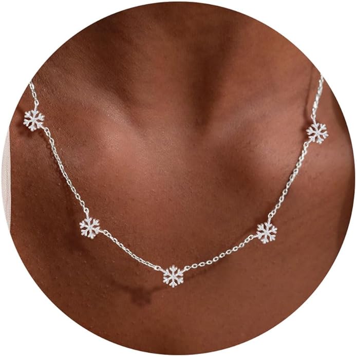 VRIUA Necklaces for Women - 14K Gold/Silver Plated Dainty Chain Necklace with Five Charms: Diamond, Bow, Snowflake, Cross, Flower, Clover, Butterfly, Heart, Star of David, and Star Trendy Jewelry