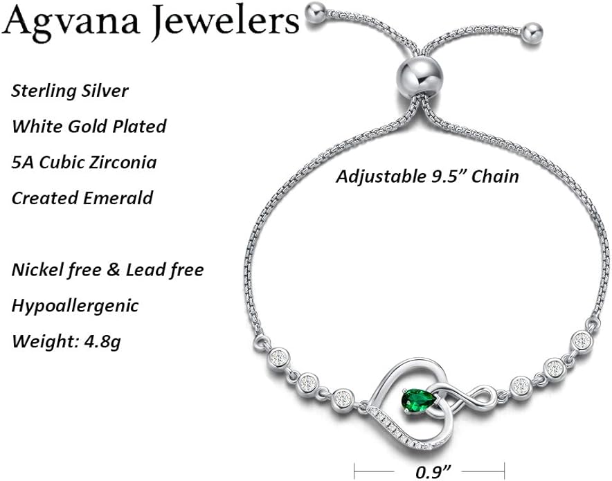 AGVANA Valentines Day Gifts Heart Birthstone Bracelets for Women Sterling Silver Genuine or Created Gemstone Tennis Bracelet Infinity Love Jewelry Anniversary Birthday Gifts for Wife Mom Women