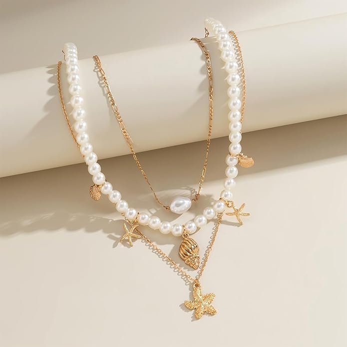 Gold Sea Shell Necklace Layered Charm Necklace for Women Boho Summer Seashell Beach Starfish Necklaces 14k Pearl Chain Surfer Jewelry Beach Vacation Essentials