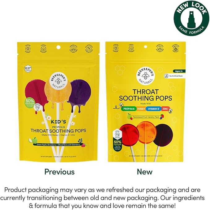 Kids Throat Soothing Lollipops by Beekeeper's Naturals - Doctor Formulated Immune Support, Vitamin D & Honey, Under 2g Sugar, Clean Ingredients,15 ct