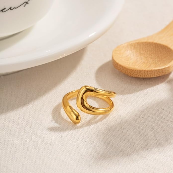 Chunky Rings For Women, Gold Silver Thumb Ring Asymmetrical Wavy Curve Ring Adjustable Non Tarnish Dainty Stainless Steel New Year Anniversary Birthday Jewelry Gift