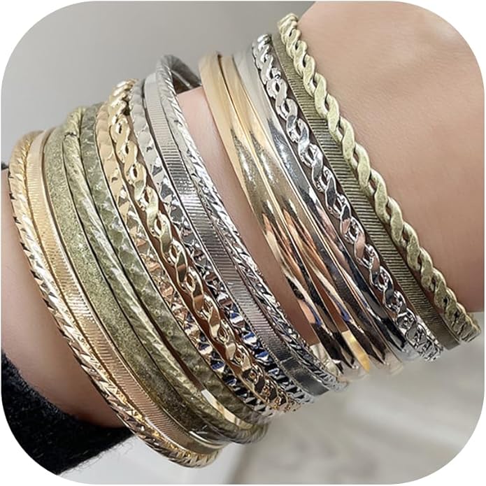 16Pcs Gold Bangle Bracelets for Women - Multi Layer Stackable Textured Bracelets Boho Jewelrys Set.