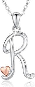CELESTIA 925 Sterling Silver Initial Necklaces 26 Letter with Rose Gold Heart - 18 Inch Chain