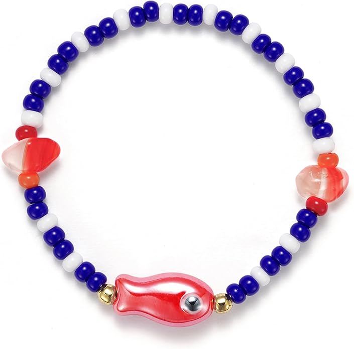 Agromusk Cute Fish Bracelet,14K Gold Blue and White Beaded Bracelet,Natural Stone Summer Beach Bead Bracelet for Women,Handmade Vintage Stretch Bracelet Gifts