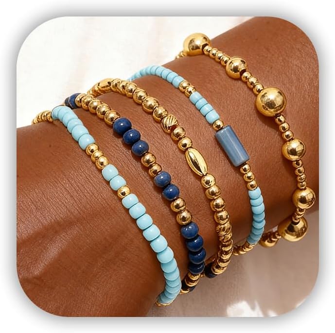 Gold Bracelets for Women Waterproof, 14K Gold Plated Beaded Cross Bracelets Set,Boho Stretch Bracelets Stackable Jewelry for Women Teenage Girls Jewelry Christmas Gifts