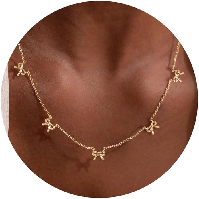 VRIUA Necklaces for Women - 14K Gold/Silver Plated Dainty Chain Necklace with Five Charms: Diamond, Bow, Snowflake, Cross, Flower, Clover, Butterfly, Heart, Star of David, and Star Trendy Jewelry