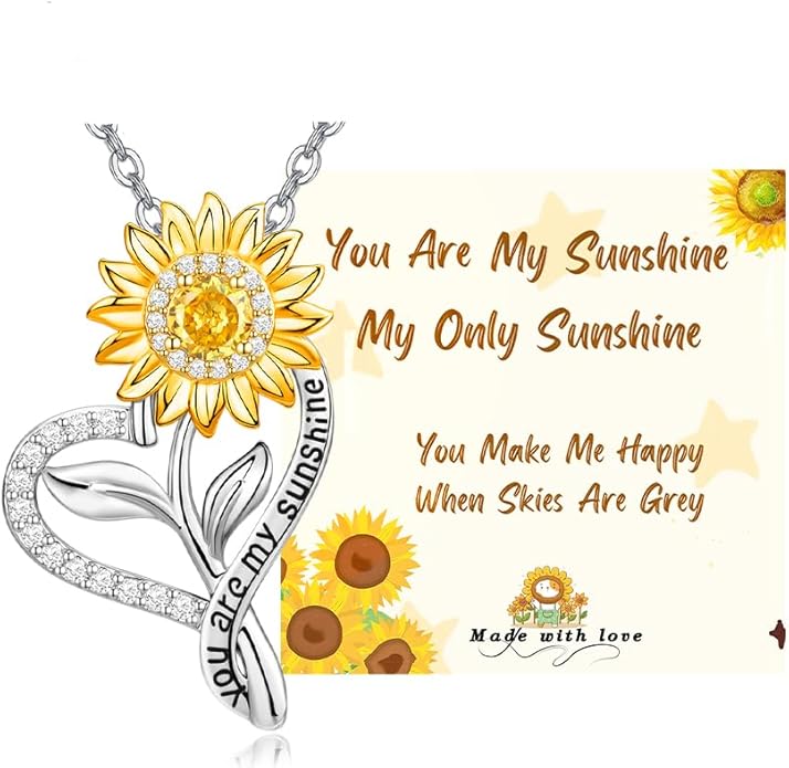 Valentine's Day Gifts for Her - 18K Gold Plated Sunflower Necklaces for Women Gifts for Wife Anniversary Birthday, 925 Sterling Silver Womens Jewelry You Are My Sunshine Gift for Wife Daughter
