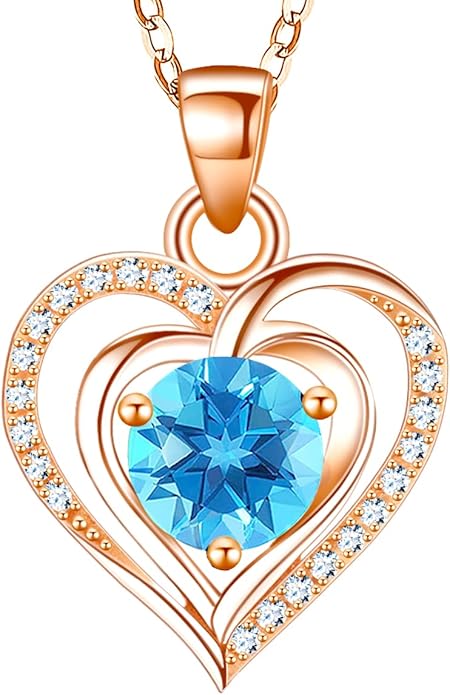 RIVIKO Heart Birthstone Pendant Necklace for Women 925 Sterling Silver Zirconia Necklaces Valentine's Day Anniversary Birthday Mothers Day Jewelry Gifts For Her Mother Wife