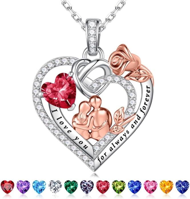 Iefil Valentines Day Gifts for Her - 925 Sterling Silver Birthstone Heart Necklace for Women, Anniversary Birthday Gifts for Wife Girlfriend Mom