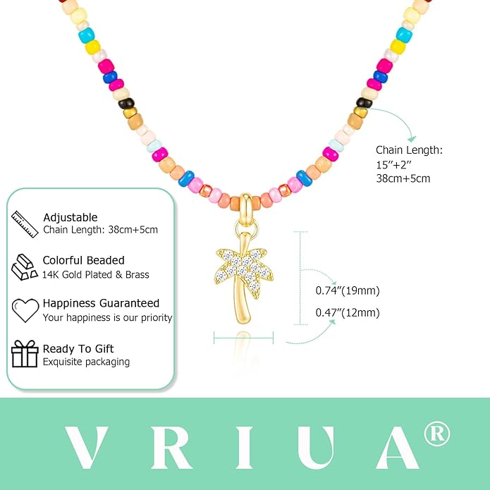 VRIUA Colorful Beaded Necklaces for Women – Summer Beach Boho Starfish, Conch, Shell, Pearl, Palm tree Pendant Necklace Jewelry