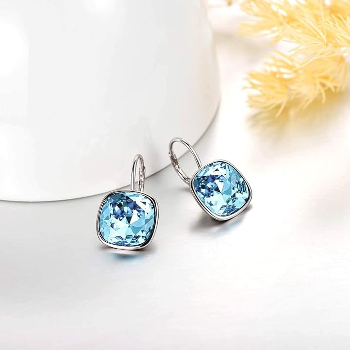 AOBOCO Sterling Silver Leverback Earrings Embellished with Crystals from Austria, Hypoallergenic Cushion Cut Square Crystal Earrings, Fine Anniversary Birthday Jewelry Gifts for Women