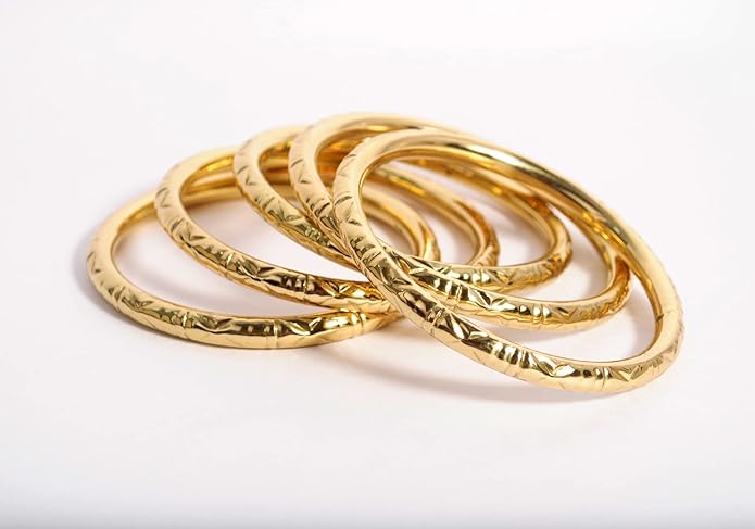 Pure Hands Handmade Brass Pipe Bangle Set – Embossed Round Bangles in Golden Finish with Abstract Design – Tarnish Resistant PU Coated – Sine qua non Collection Jewelry