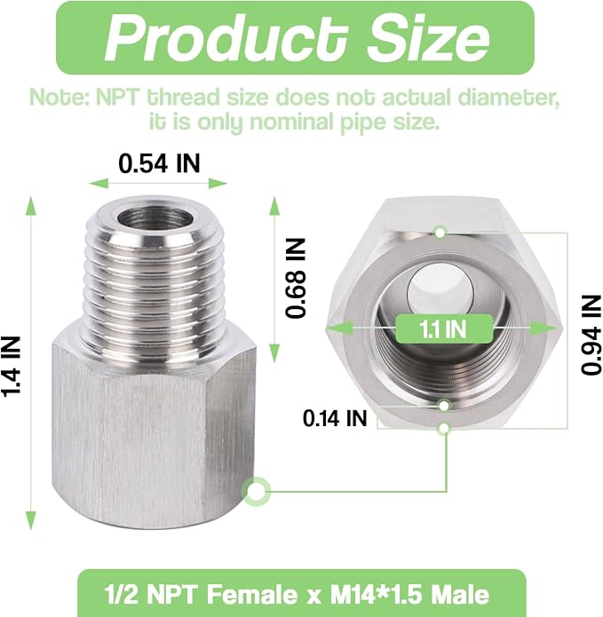 Stainless Steel 304 1/2" NPT Female x M14*1.5 Male Pipe Adapter 1pc - Image 2