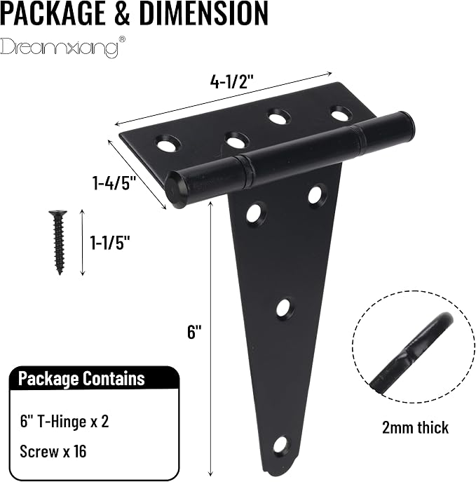 6 Inch T-Strap Gate Hinges, Heavy Duty Shed Barn Door Hinges, Yard Gate - Image 2
