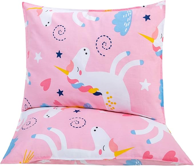 Cottonblue Kids Toddler Pillows with Pillowcases 14x19, 2 Pack Toddler Pillows with 2 100% Organic Cotton Covers, [2-Set] Kids Pillow Set for Preschool, Machine Washable, Pink Unicorn